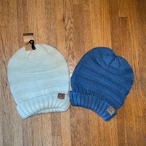 Cream C.C slouch beanie lot; cream NWT; blue worn 1-2x